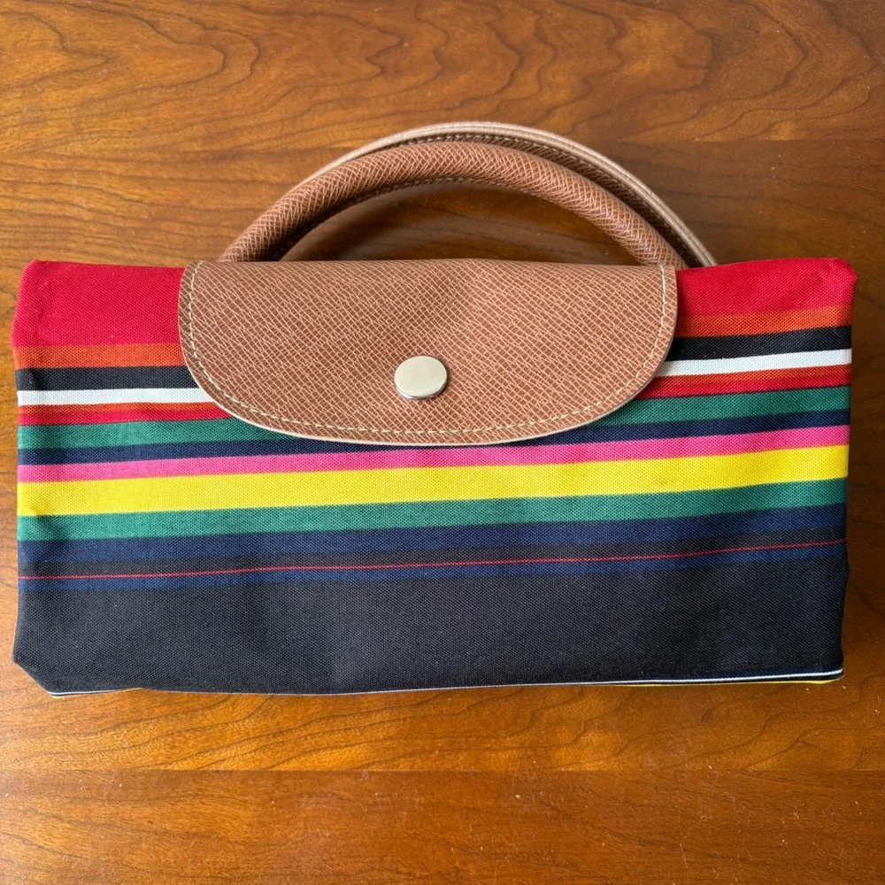 Foldable Travel Large Tote Bag Colorful‎ Striped Nylon Leather Trim